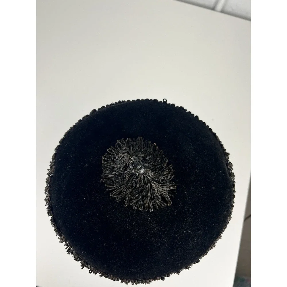 Black Velvet Cocktail Hat Headband Tassel Fringe Flechet France Vintage Evening